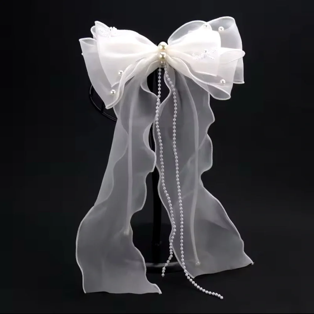 Oversized White Mesh Bow With Pearls Hair Clip